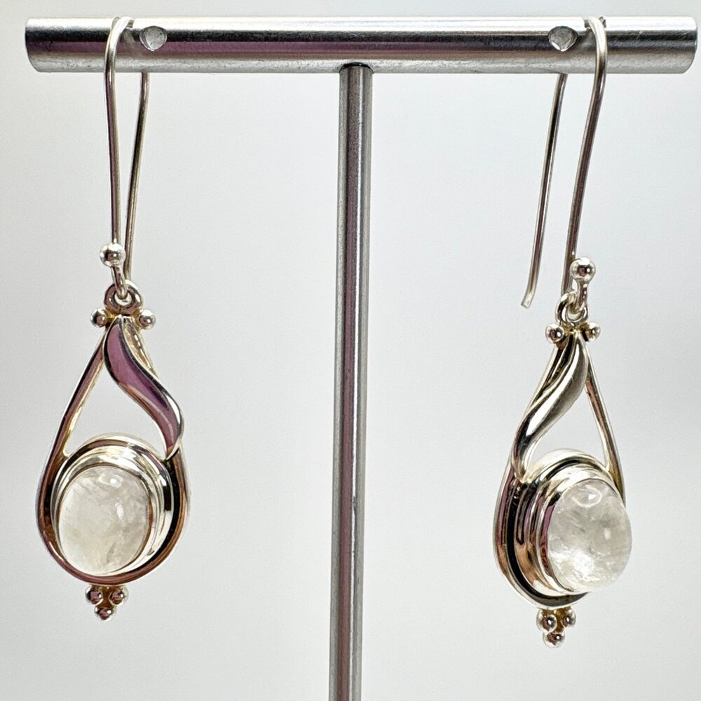 Moonstone Bezel Set Dangle Earrings VTG Sterling Silver 925 Size 2.25" Length